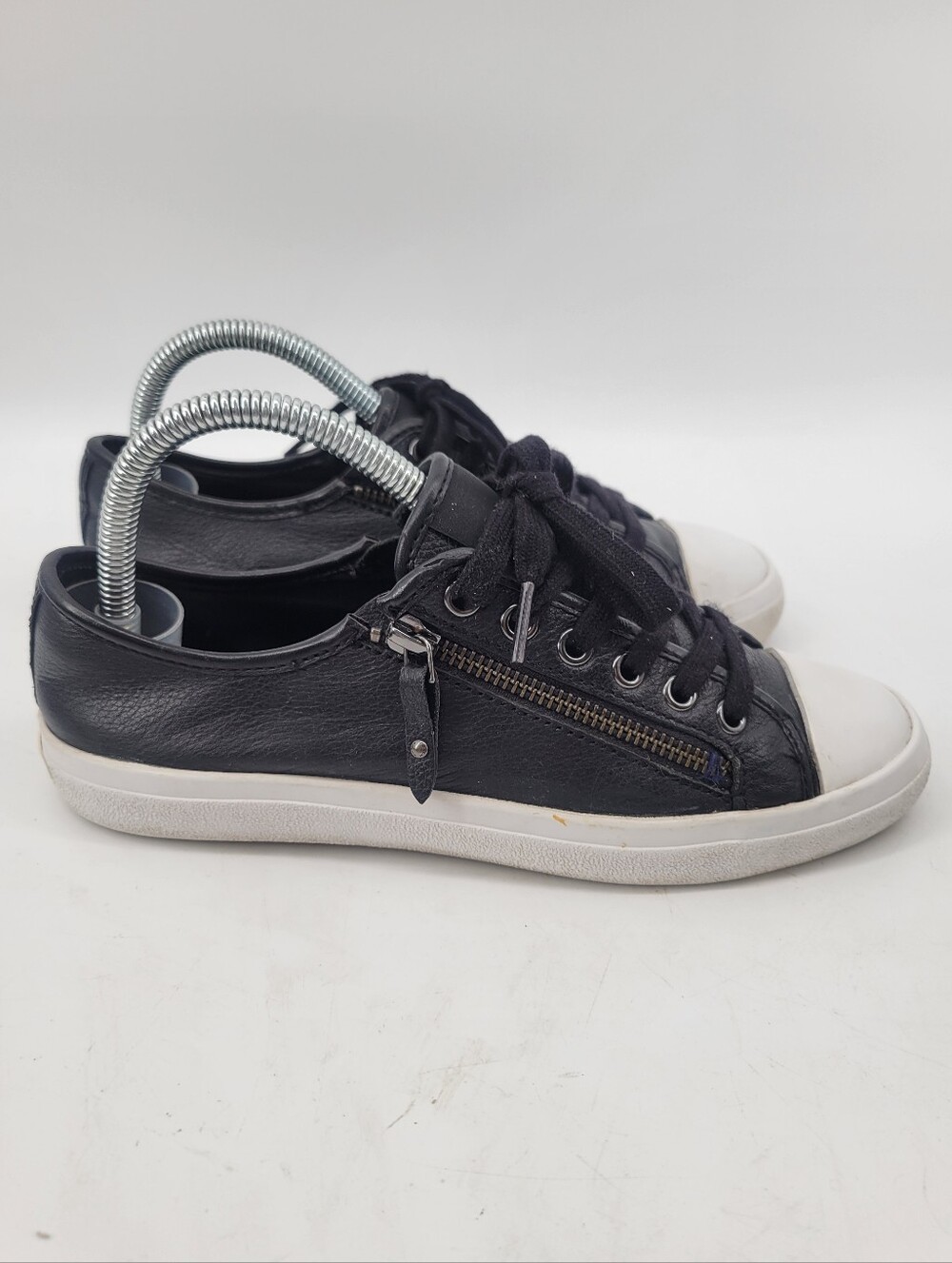 Coach Empire Zipper Black Leather Low-Top Sneakers with Side Zip and White Toe 7